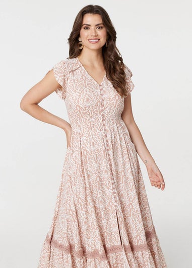 Izabel London Pink Paisley Print Lace Trim Maxi Dress