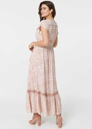 Izabel London Pink Paisley Print Lace Trim Maxi Dress