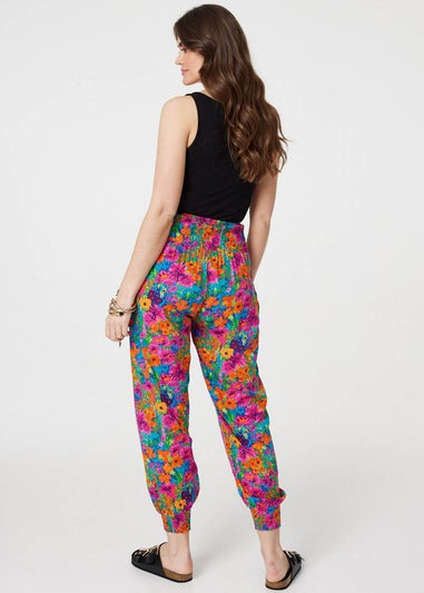 Izabel London Pink Floral Shirred High Waist Harem Pants