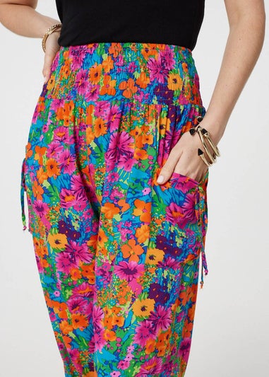 Izabel London Pink Floral Shirred High Waist Harem Pants