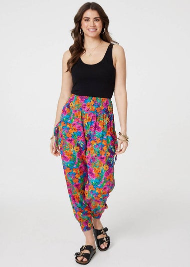 Izabel London Pink Floral Shirred High Waist Harem Pants