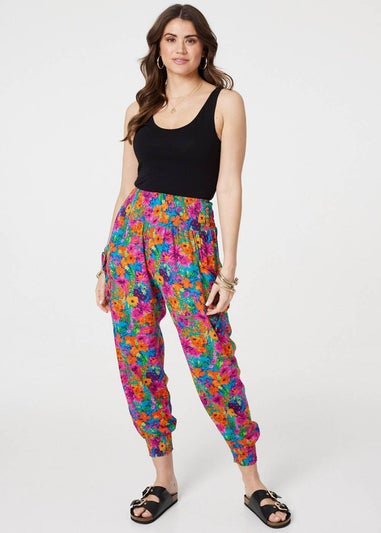 Izabel London Pink Floral Shirred High Waist Harem Pants