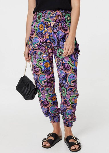 Izabel London Black Paisley Tassel Pocket Harem Pants