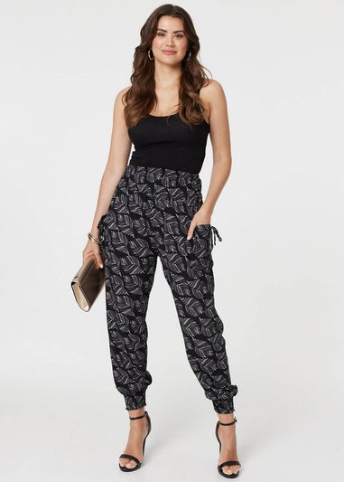 Izabel London Black Feather Print High Waist Harem Pants