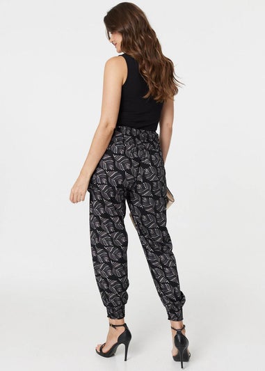 Izabel London Black Feather Print High Waist Harem Pants