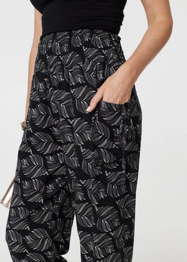 Izabel London Black Feather Print High Waist Harem Pants