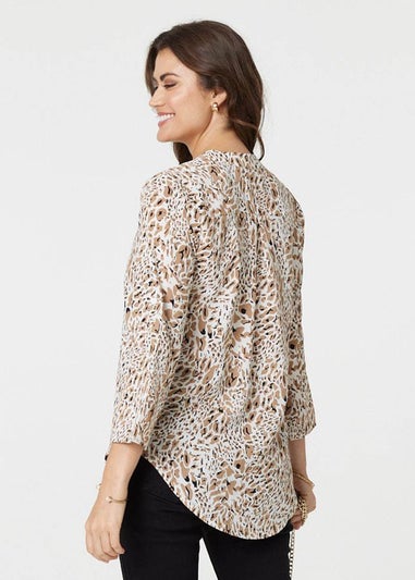 Izabel London Beige Animal Print 3/4 Sleeve V-Neck Blouse