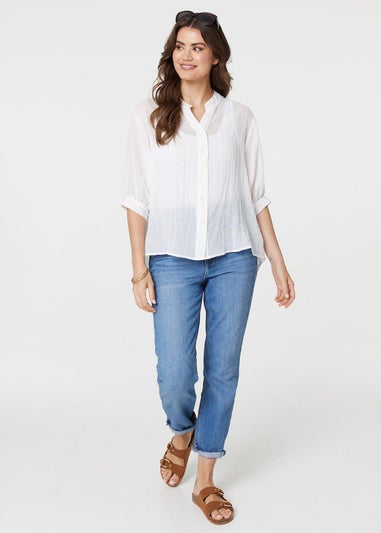 Izabel London White Collarless Button Back 3/4 Sleeve Blouse