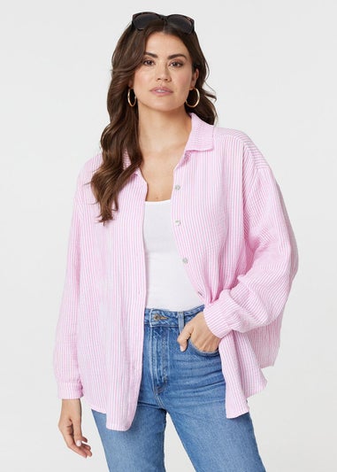 Izabel London Pink Striped Button Up Long Sleeve Shirt