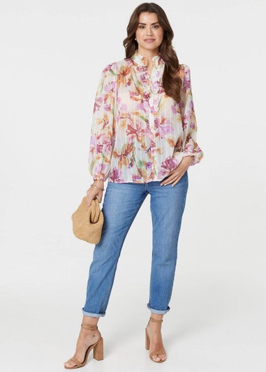 Izabel London Pink Floral High Neck Long Puff Sleeve Blouse