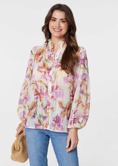 Izabel London Pink Floral High Neck Long Puff Sleeve Blouse