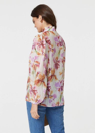 Izabel London Pink Floral High Neck Long Puff Sleeve Blouse