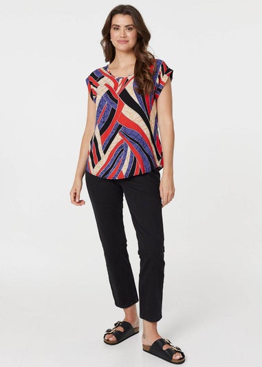 Izabel London Red Abstract Print Turn-Up Sleeve Shell Top
