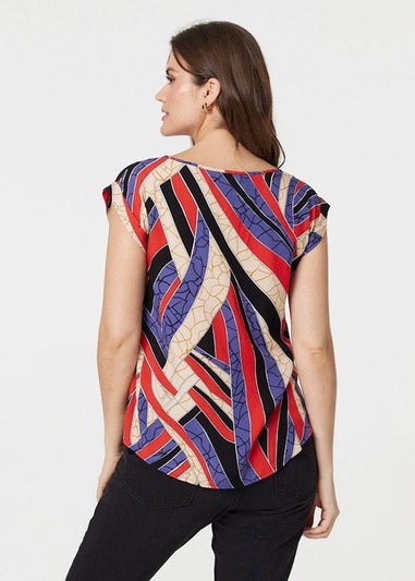 Izabel London Red Abstract Print Turn-Up Sleeve Shell Top