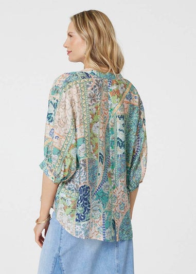 Izabel London Green Paisley 3/4 Collarless Blouse