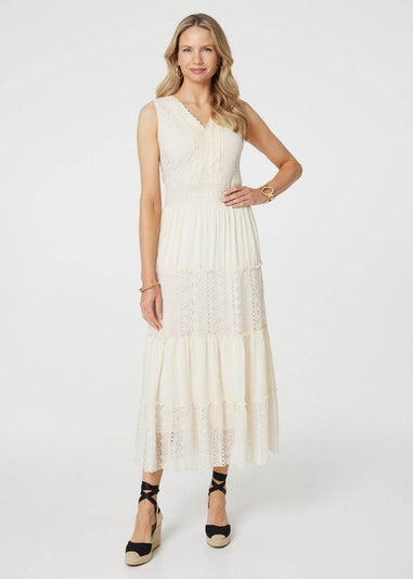 Izabel London White Lace Detail Sleeveless Tiered Maxi Dress