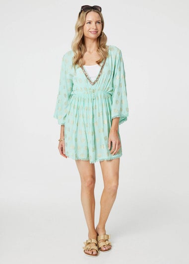 Izabel London Green Foiled Leaf Print Short Beach Dress