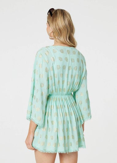 Izabel London Green Foiled Leaf Print Short Beach Dress