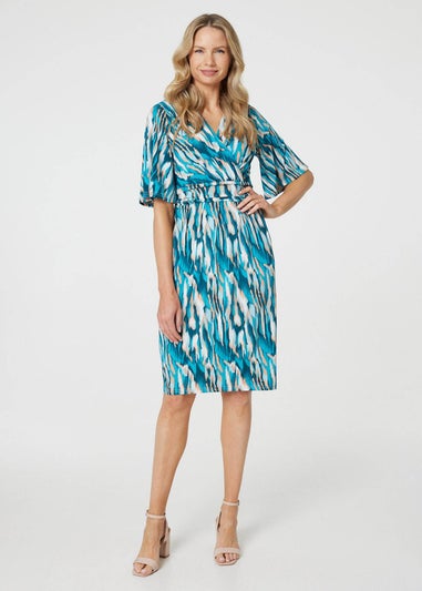 Izabel London Green Printed 1/2 Angel Sleeve Faux Wrap Dress