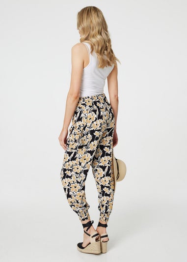 Izabel London Black Floral Tassel Tie Pocket Harem Pants