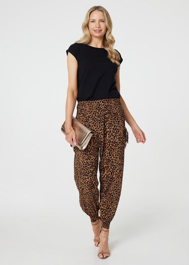 Izabel London Beige Animal Print Tassel Pocket Harem Pants