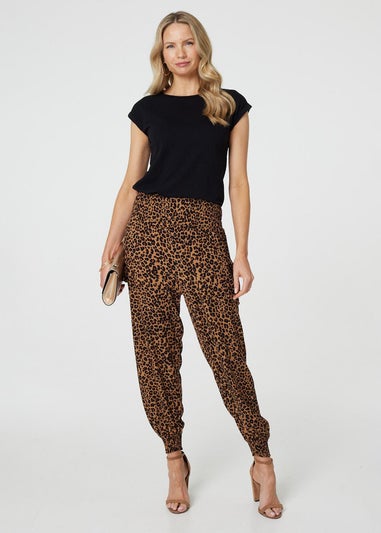 Izabel London Beige Animal Print Tassel Pocket Harem Pants