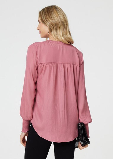 Izabel London Pink Collarless Button Up Long Sleeve Shirt