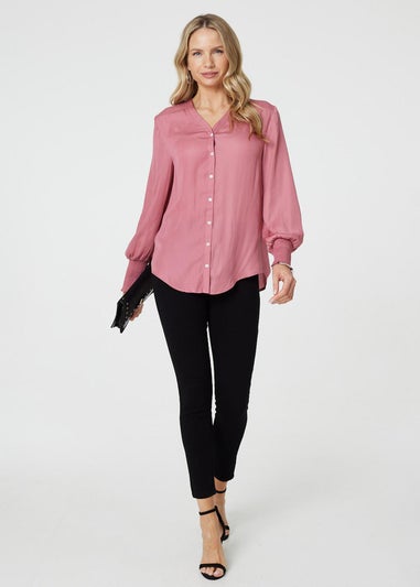 Izabel London Pink Collarless Button Up Long Sleeve Shirt