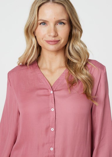 Izabel London Pink Collarless Button Up Long Sleeve Shirt