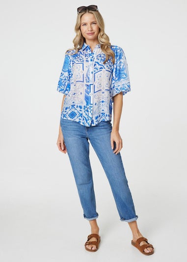 Izabel London Blue Patchwork Print 1/2 Puff Sleeve Shirt