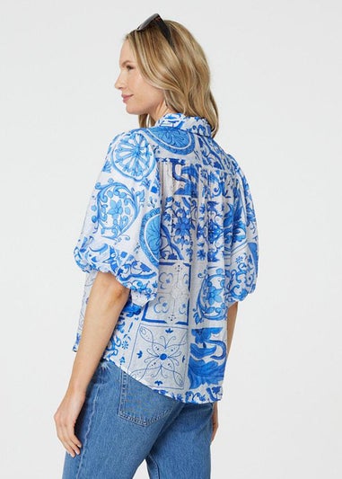 Izabel London Blue Patchwork Print 1/2 Puff Sleeve Shirt