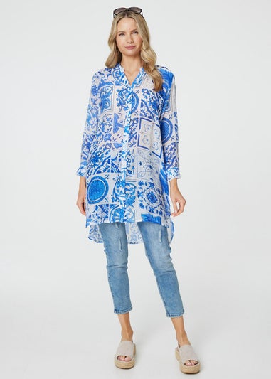 Izabel London Blue Mosaic Print Longline Blouse Dress