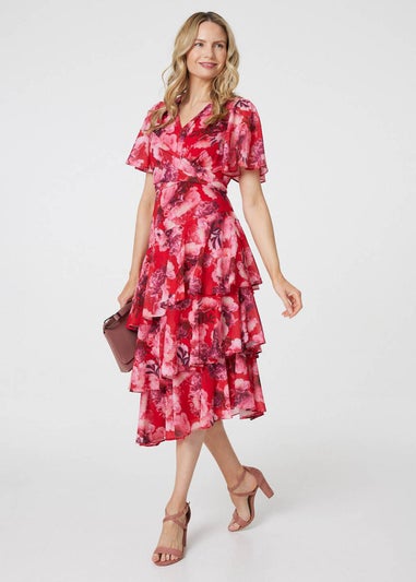 Izabel London Red Floral Asymmetric Ruffled Midi Dress