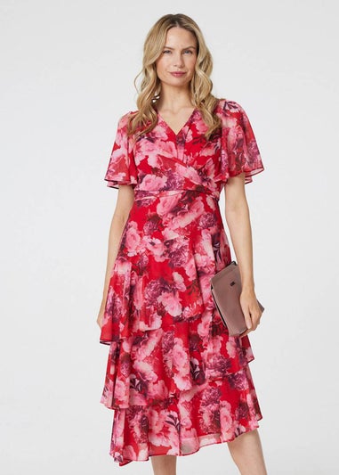 Izabel London Red Floral Asymmetric Ruffled Midi Dress