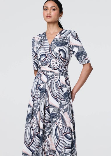 Izabel London Navy Printed 1/2 Sleeve Knee Length Wrap Dress