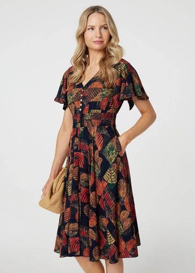 Izabel London Orange Leaf Print V-Neck Knee Length Smock Dress