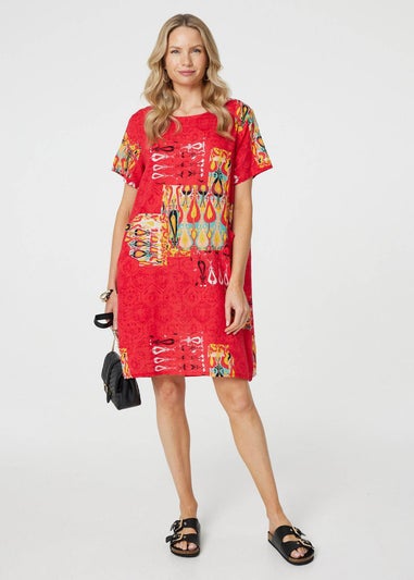 Izabel London Red Printed Round Neck Relaxed Shift Dress