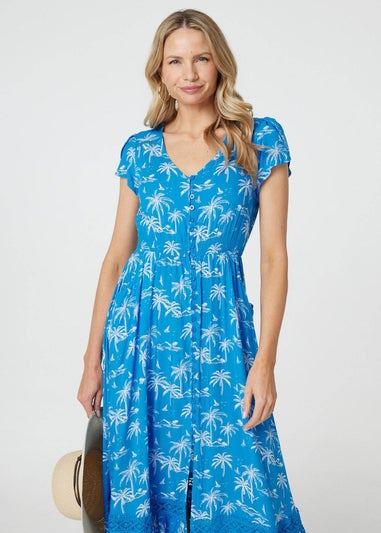 Izabel London Blue Tropical Print Angel Sleeve Maxi Dress