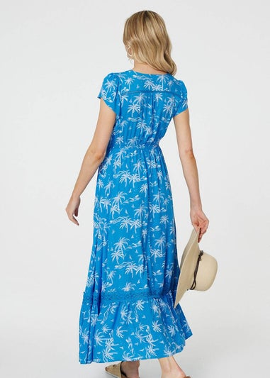 Izabel London Blue Tropical Print Angel Sleeve Maxi Dress