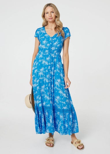 Izabel London Blue Tropical Print Angel Sleeve Maxi Dress