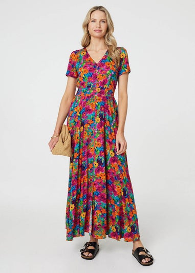 Izabel London Pink Floral V-Neck Short Sleeve Maxi Dress