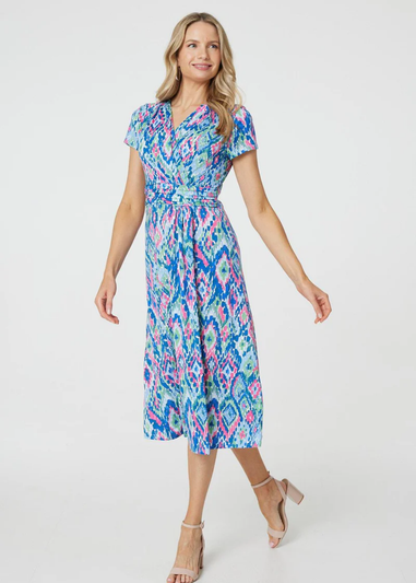 Izabel London Blue Printed Ruched Faux-Wrap Midi Dress