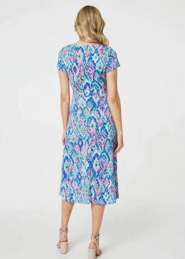 Izabel London Blue Printed Ruched Faux-Wrap Midi Dress