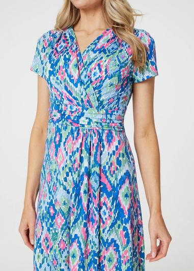 Izabel London Blue Printed Ruched Faux-Wrap Midi Dress