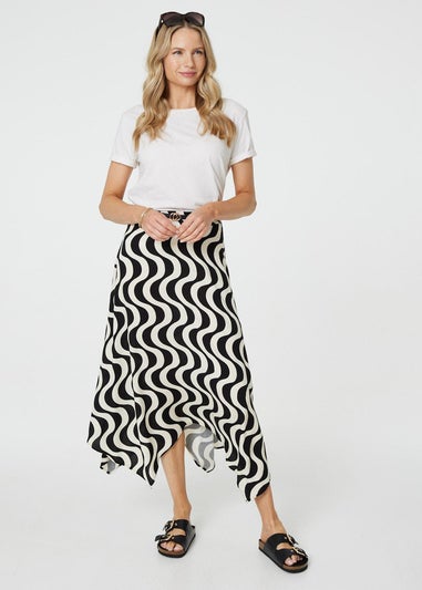 Izabel London Black Wave Print Hanky Hem Belt Midi Skirt