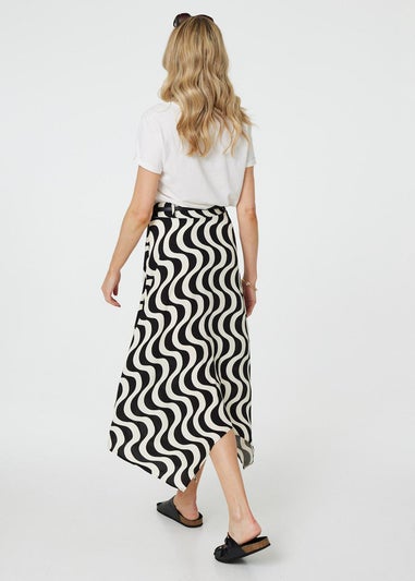 Izabel London Black Wave Print Hanky Hem Belt Midi Skirt