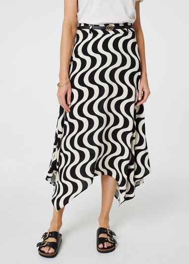 Izabel London Black Wave Print Hanky Hem Belt Midi Skirt