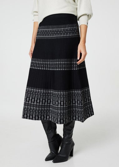 Izabel London Black Border Print Knit High Waist Midi Skirt