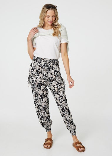 Izabel London Black Floral Print Relaxed Harem Pants