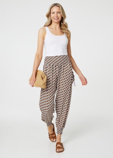 Izabel London Beige Geo Print High Waist Tassel Harem Pants